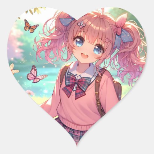 Pretty Anime Girl in Pink Pigtails Heart Sticker