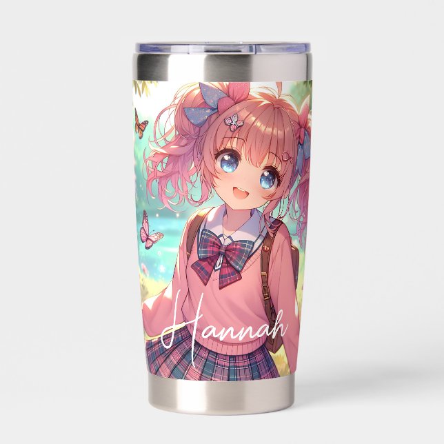 Pretty Anime Girl in Pink Pigtails Insulated Tumbler (Front)