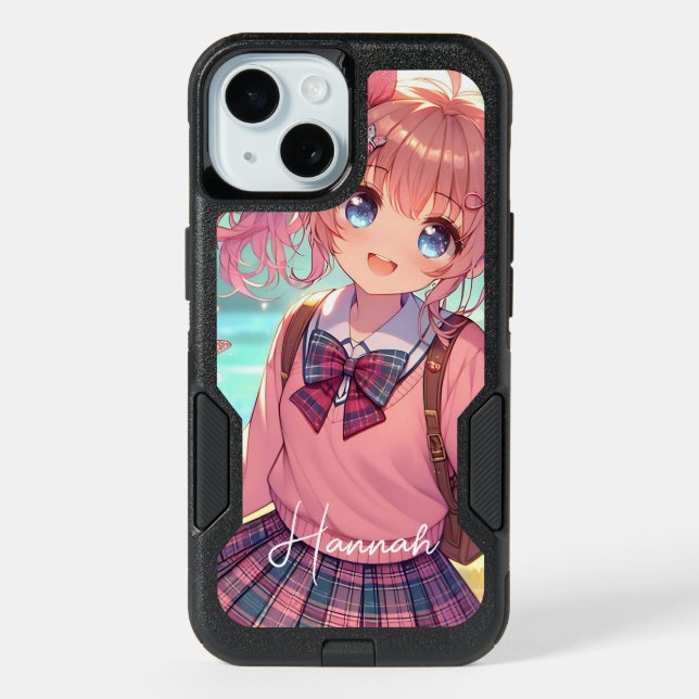 Pretty Anime Girl in Pink Pigtails iPhone 15 Case (Back)