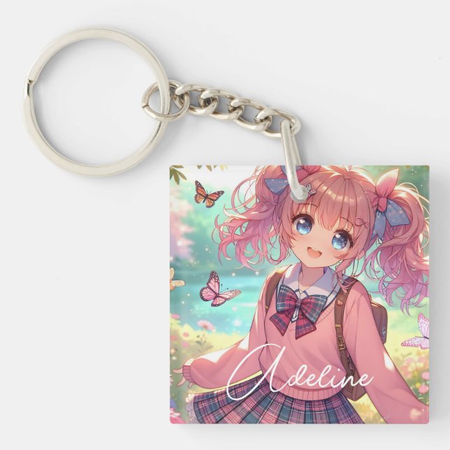 Pretty Anime Girl in Pink Pigtails Keychain (Front)