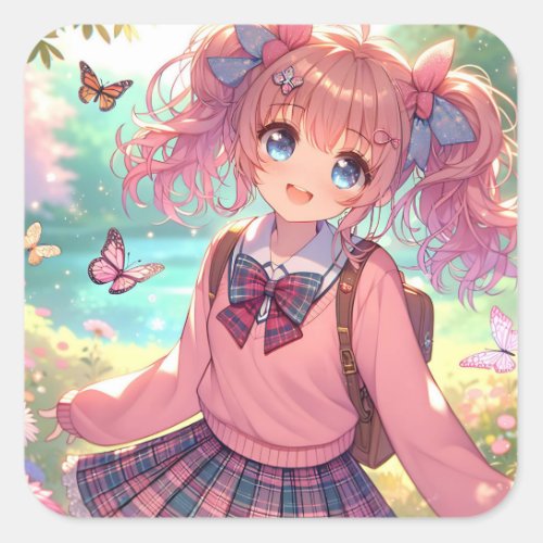 Pretty Anime Girl in Pink Pigtails Square Sticker