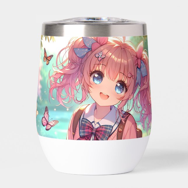 Pretty Anime Girl in Pink Pigtails Thermal Wine Tumbler (Front)