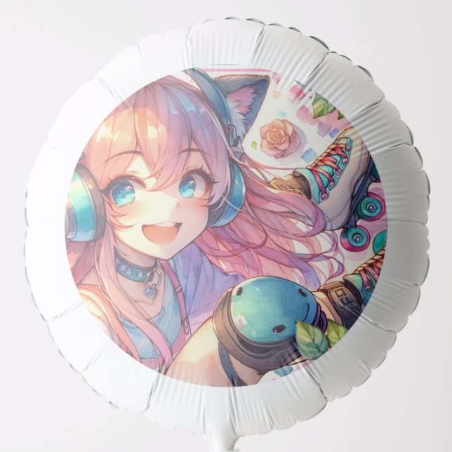 Pretty Anime Girl in Roller skates Birthday Party Balloon (Front)