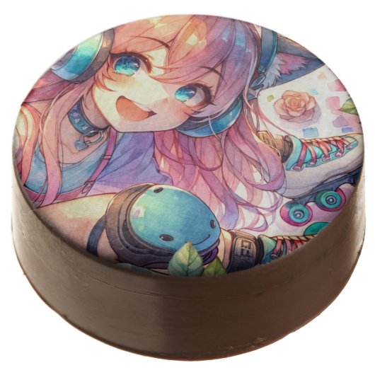 Pretty Anime Girl in Roller skates Birthday Party Chocolate Covered Oreo (Angled)