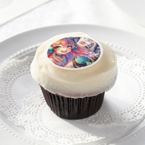 Pretty Anime Girl in Roller skates Birthday Party Edible Frosting Rounds