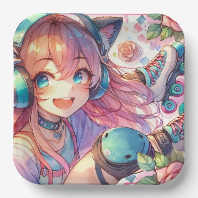 Pretty Anime Girl in Roller skates Birthday Party Paper Plates (Front)