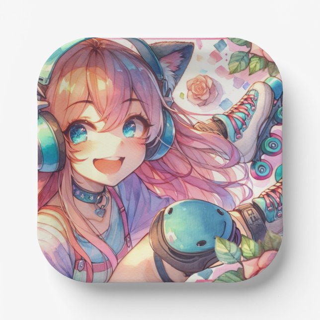 Pretty Anime Girl in Roller skates Birthday Party Paper Plates (Front)