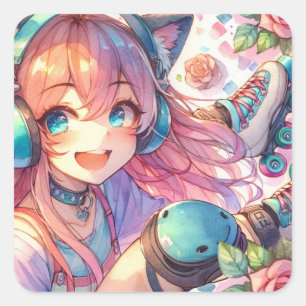 Pretty Anime Girl in Roller skates Birthday Party Square Sticker