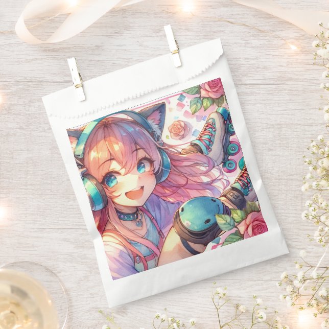 Pretty Anime Girl in Roller skating Birthday Party Favor Bag (Clipped)