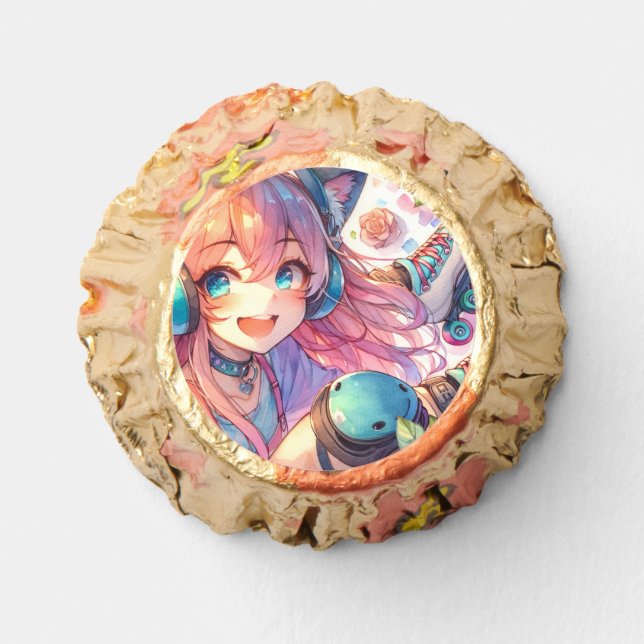 Pretty Anime Girl in Roller skating Birthday Party Reese's Peanut Butter Cups (Front)