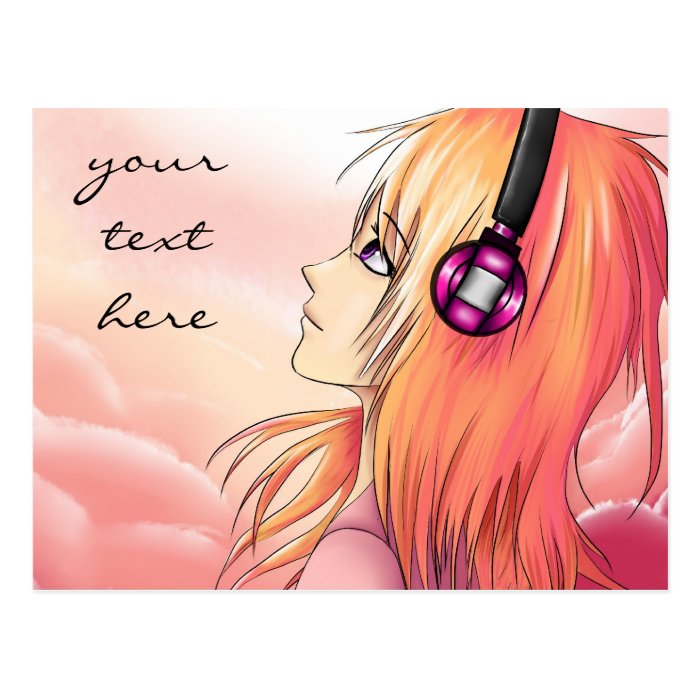 Pretty anime girl listening to music post card
