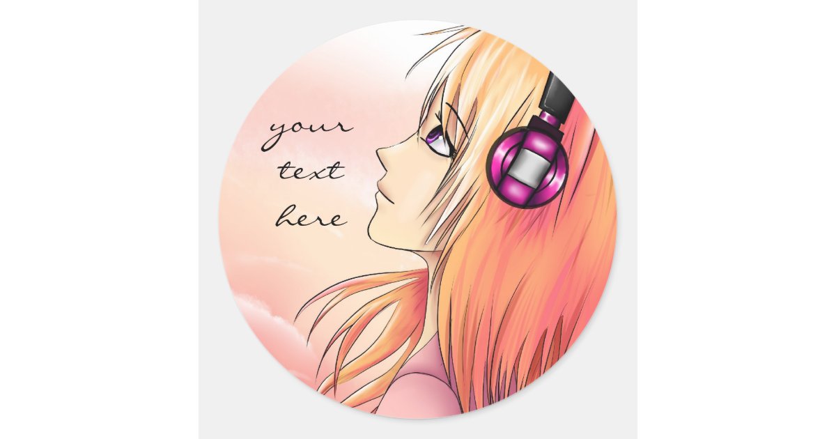 Pretty anime girl listening to music stickers | Zazzle