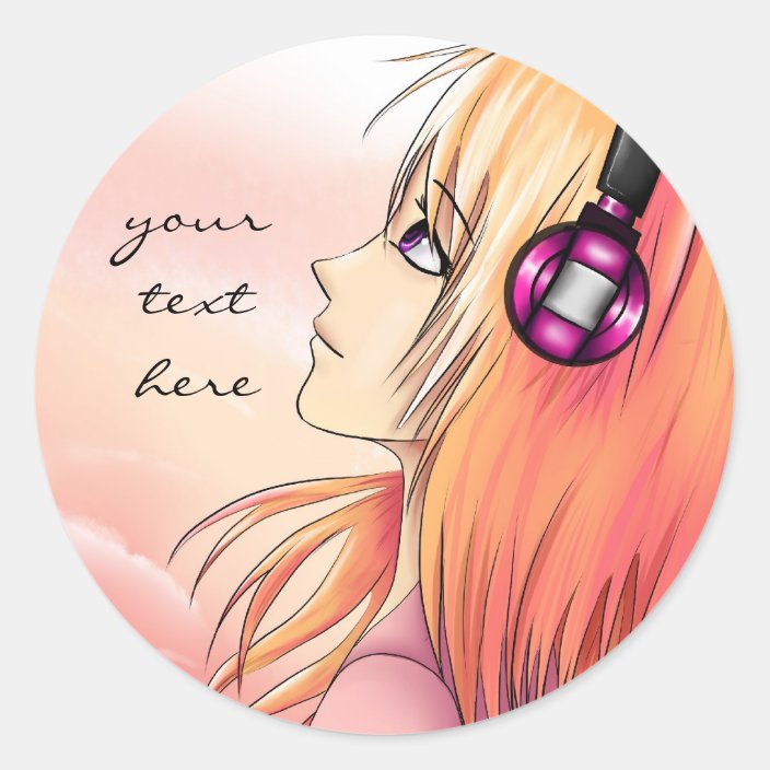 Pretty anime girl listening to music stickers | Zazzle.com