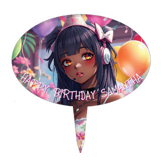 Pretty Anime Girl of Color Personalized Birthday Cake Topper