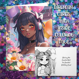 Pretty Anime Girl of Color Personalized Birthday Card
