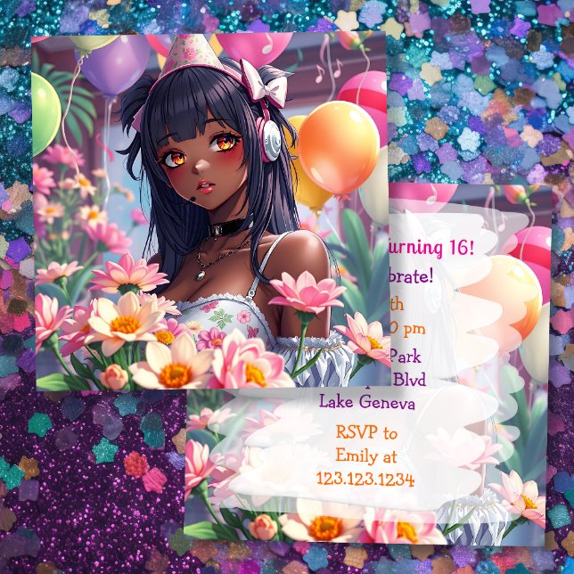 Pretty Anime Girl of Color Personalized Birthday Invitation (Creator Uploaded)