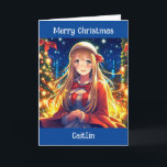 Pretty Anime Girl on Winter Day Christmas Card<br><div class="desc">Pretty anime girl with long hair out on the town personalized Christmas card. Inside is a bonus coloring page.  generativecontent</div>