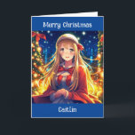 Pretty Anime Girl on Winter Day Christmas Card<br><div class="desc">Pretty anime girl with long hair out on the town personalized Christmas card. Inside is a bonus coloring page.  generativecontent</div>