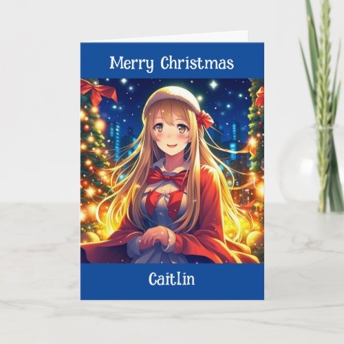 Pretty Anime Girl on Winter Day Christmas Card