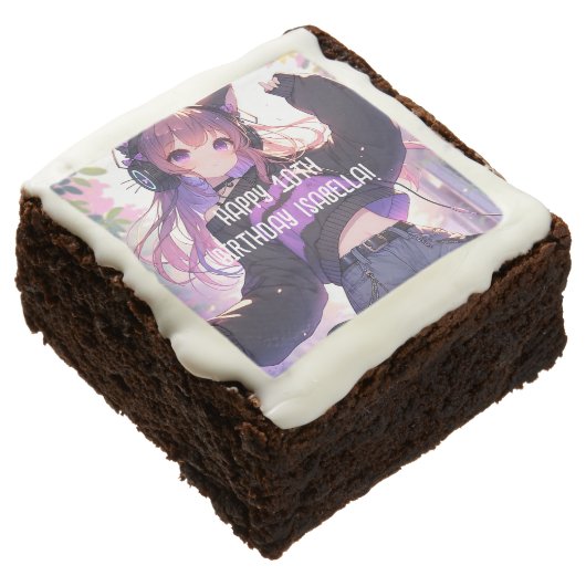 Pretty Anime Girl Personalized Birthday Brownie (Angled)