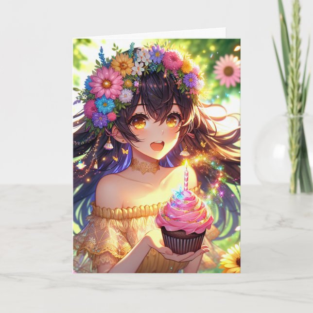 Pretty Anime Girl Personalized Birthday  Card (Front)