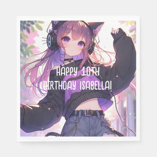 Pretty Anime Girl Personalized Birthday Napkins (Front)