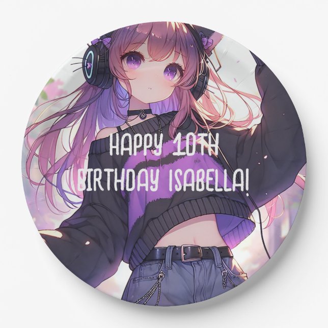 Pretty Anime Girl Personalized Birthday Paper Plates (Front)