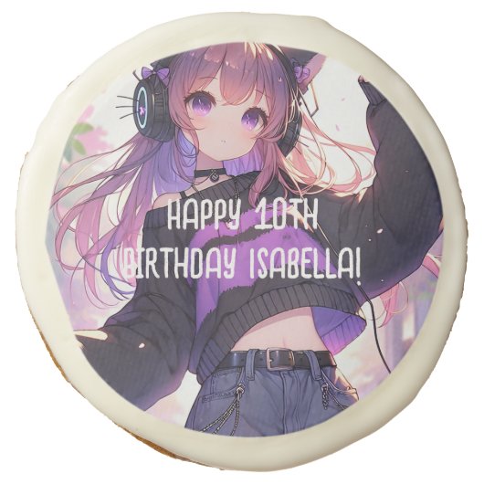 Pretty Anime Girl Personalized Birthday Sugar Cookie (Front)
