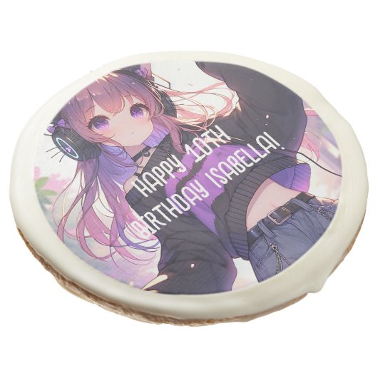 Pretty Anime Girl Personalized Birthday Sugar Cookie (Angled)