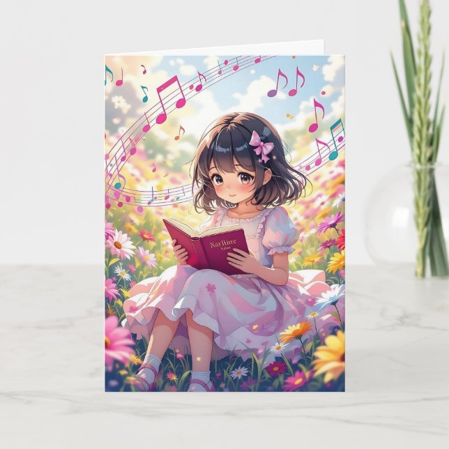 Pretty Anime Girl Reading | Coloring Page Birthday Card (Front)