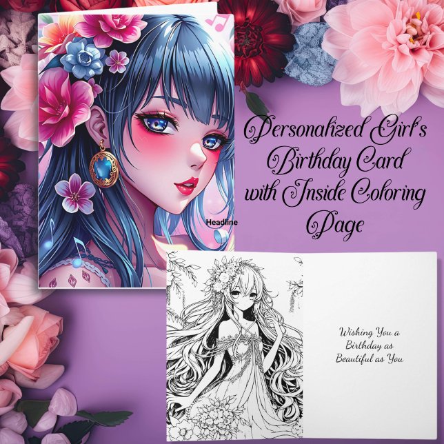 Pretty Anime Girl with Blue Eyes Girl's Birthday Card (Creator Uploaded)