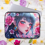 Pretty Anime Girl with Blue Eyes Personalized Laptop Sleeve<br><div class="desc">Personalized tablet cover. Beautiful girl with blue eyes and blue hair surrounded by pink and blue flowers. Pretty floral and anime themed digital ai art.</div>