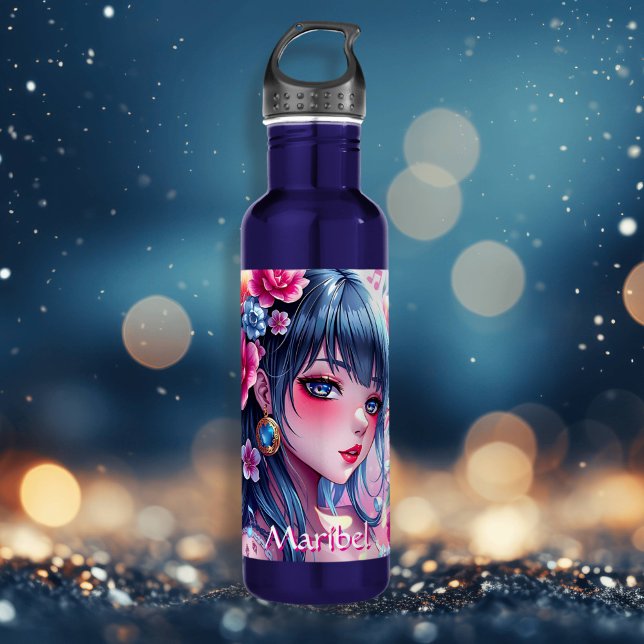 Pretty Anime Girl with Blue Eyes Personalized Stainless Steel Water Bottle (Creator Uploaded)