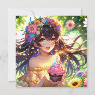 Pretty Anime Girl with Cupcake Birthday Invitation