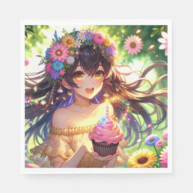 Pretty Anime Girl with Cupcake Birthday  Napkins (Front)