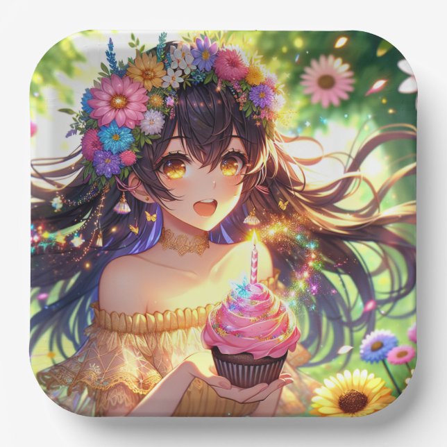Pretty Anime Girl with Cupcake Birthday  Paper Plates (Front)