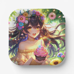 Pretty Anime Girl with Cupcake Birthday Paper Plates