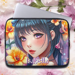 Pretty Anime Girl with Daffodils Personalized Laptop Sleeve<br><div class="desc">Personalized tablet cover. Beautiful girl with purple eyes and dark hair surrounded by yellow daffodils. Pretty floral and anime themed digital ai art.</div>