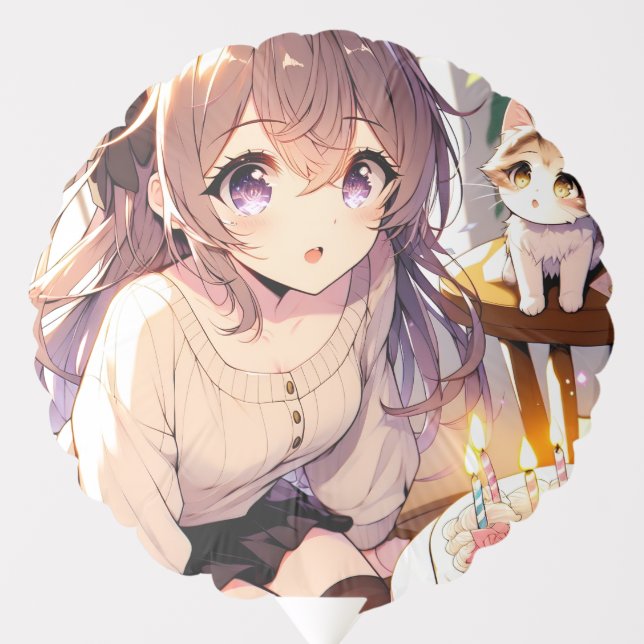 Pretty Anime Girl with Kitten and Birthday Cake Balloon (Front)