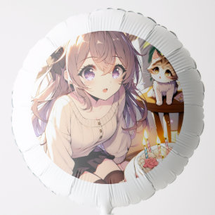 Pretty Anime Girl with Kitten and Birthday Cake Balloon