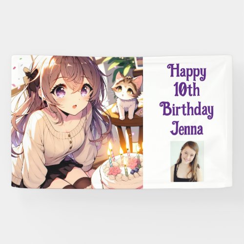Pretty Anime Girl with Kitten and Birthday Cake Banner