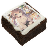 Pretty Anime Girl with Kitten and Birthday Cake Brownie (Angled)