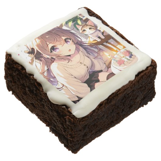 Pretty Anime Girl with Kitten and Birthday Cake Brownie (Angled)