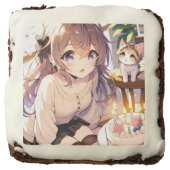 Pretty Anime Girl with Kitten and Birthday Cake Brownie (Front)
