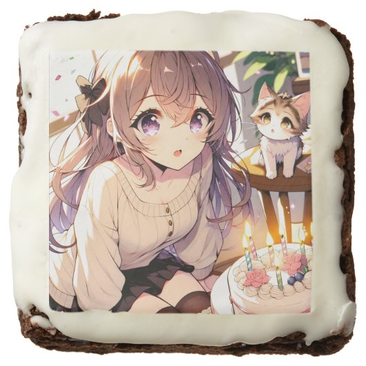 Pretty Anime Girl with Kitten and Birthday Cake Brownie (Front)