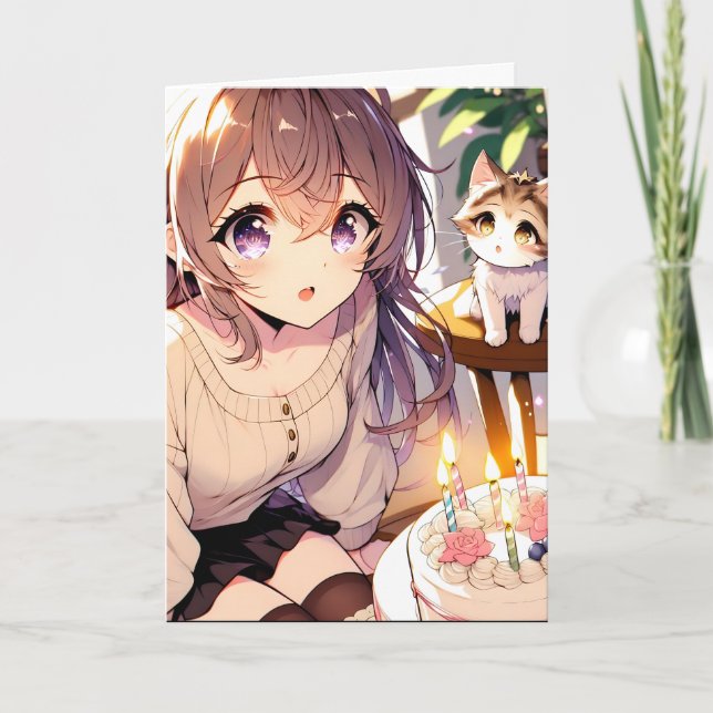 Pretty Anime Girl with Kitten and Birthday Cake Card (Front)