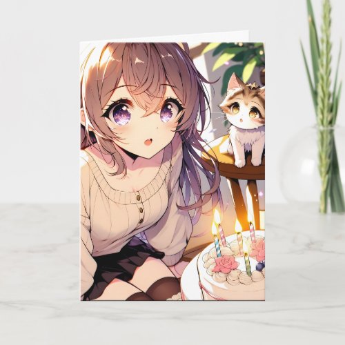 Pretty Anime Girl with Kitten and Birthday Cake Card