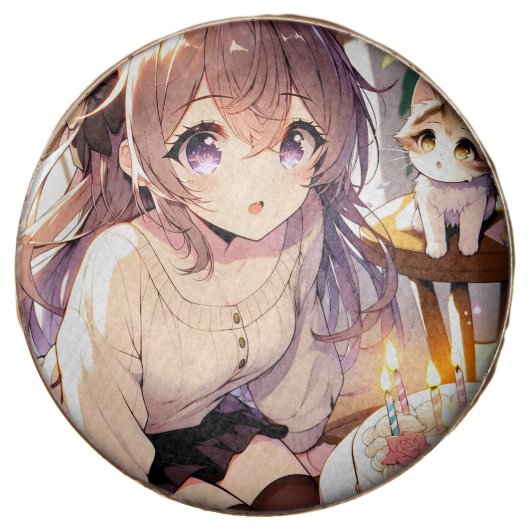 Pretty Anime Girl with Kitten and Birthday Cake Chocolate Covered Oreo (Front)