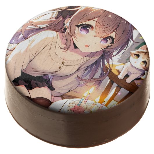 Pretty Anime Girl with Kitten and Birthday Cake Chocolate Covered Oreo (Angled)