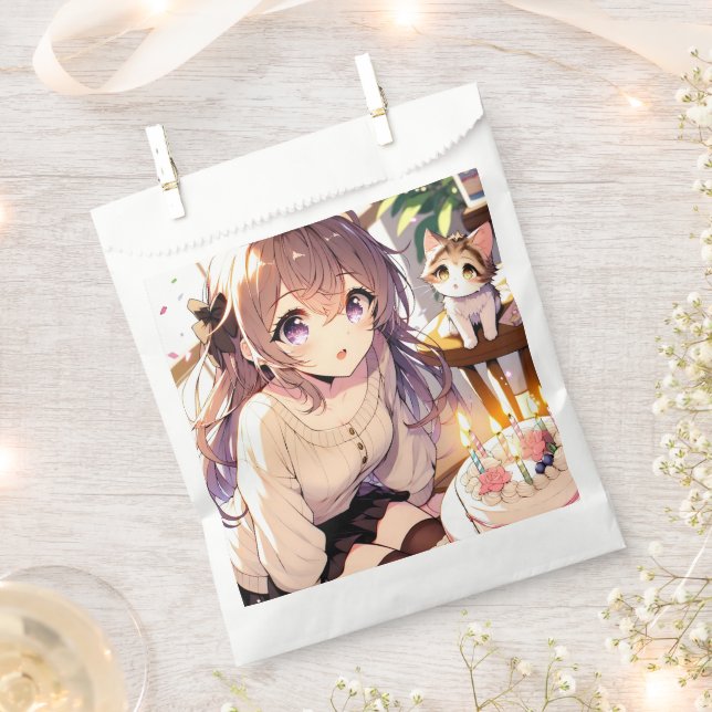 Pretty Anime Girl with Kitten and Birthday Cake Favor Bag (Clipped)